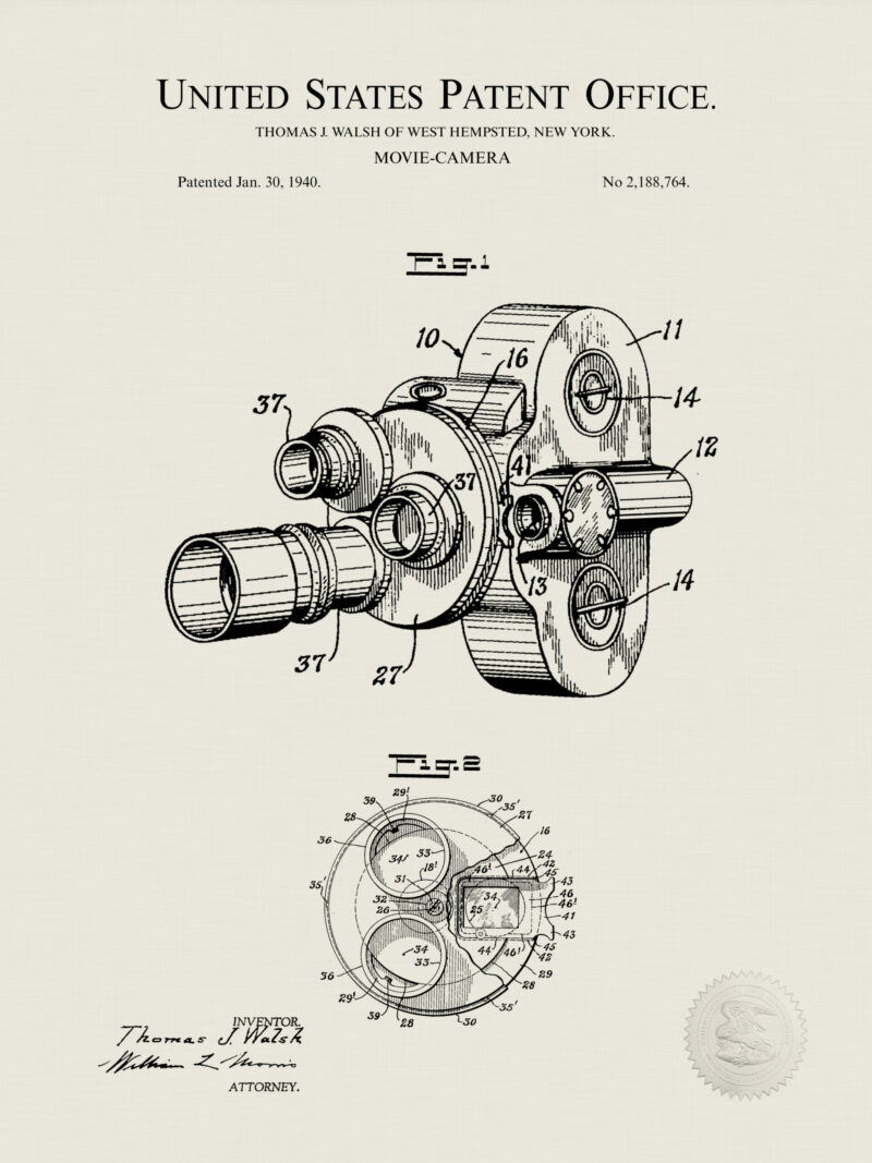 Set of three vintage cinema patent drawings, including a projector, camera, and clapboard.