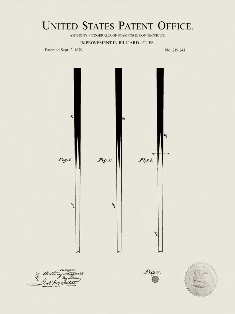 Collection of three vintage billiard equipment patent illustrations.