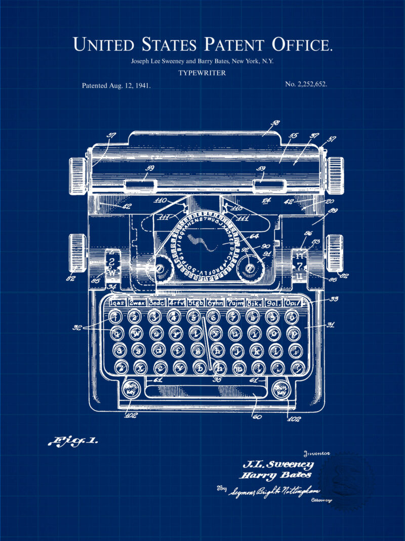 Set of three vintage office equipment patent illustrations, featuring a typewriter, ballpoint pen, and stapler.