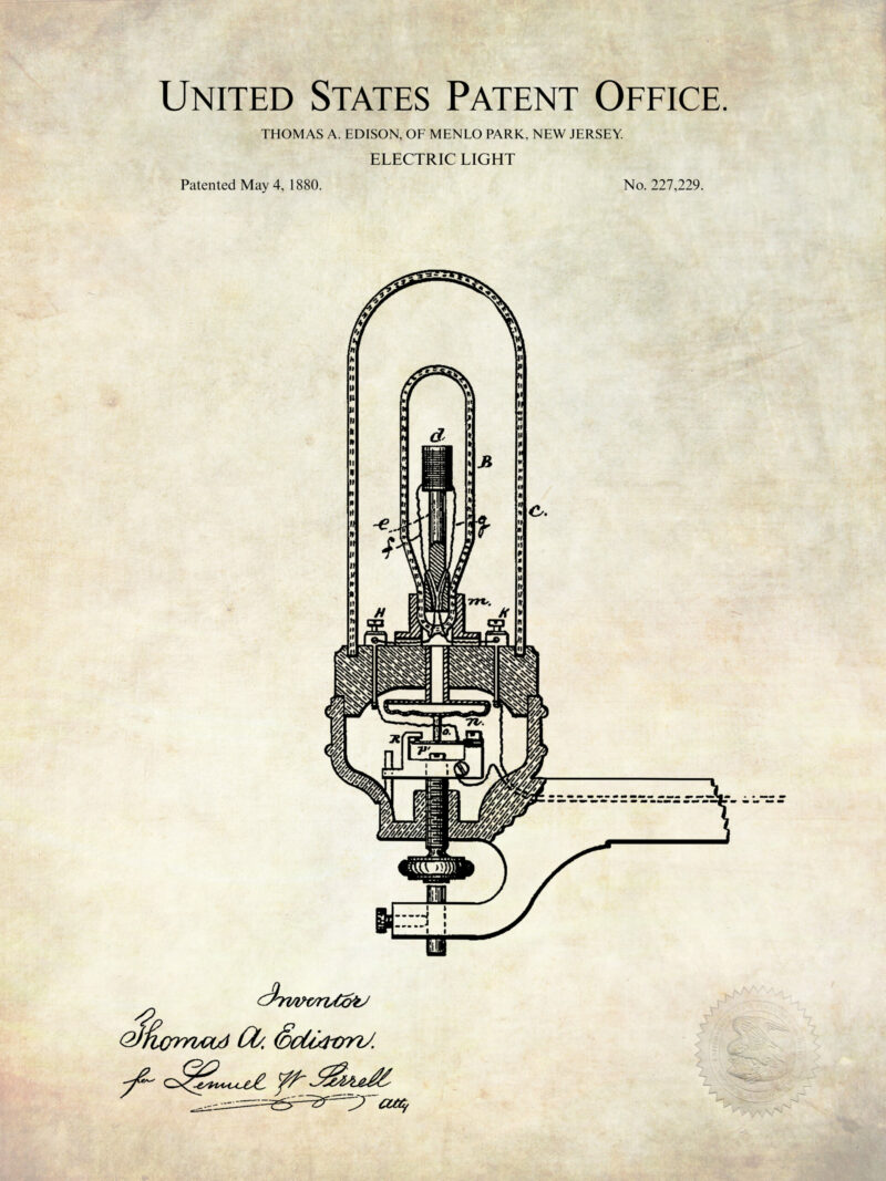 Set of three Thomas Edison light invention patent illustrations.