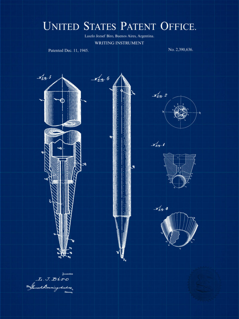 Set of three vintage office equipment patent illustrations, featuring a typewriter, ballpoint pen, and stapler.