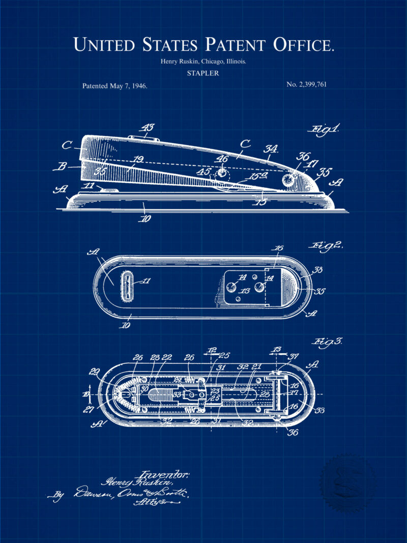 Set of three vintage office equipment patent illustrations, featuring a typewriter, ballpoint pen, and stapler.