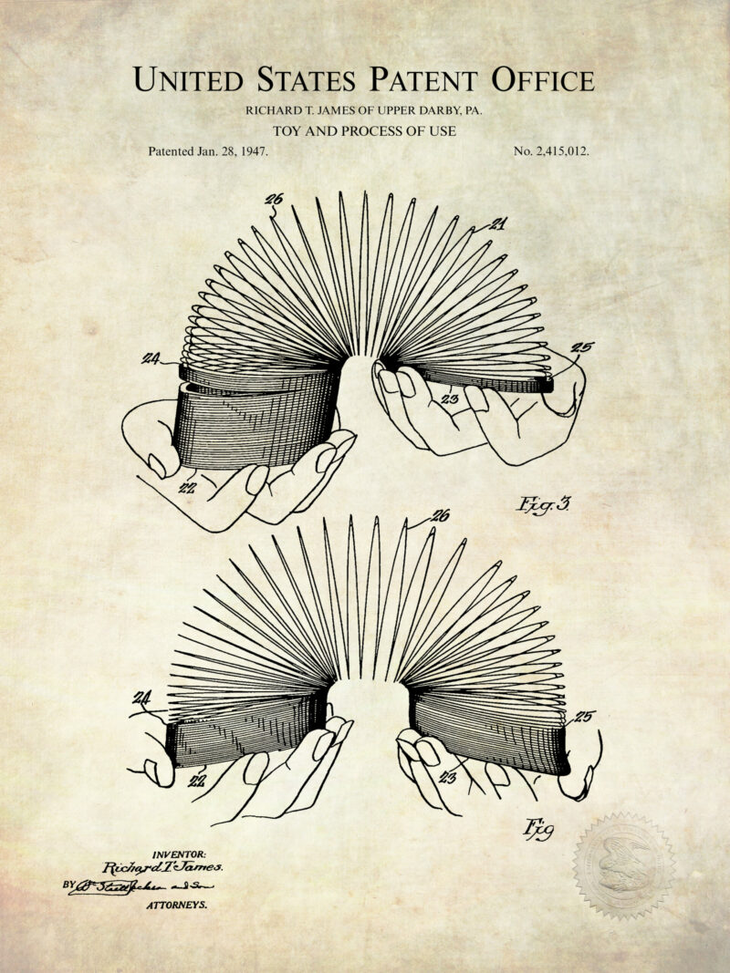Collection of three vintage toy patent prints including a slinky, frisbee, and yoyo.