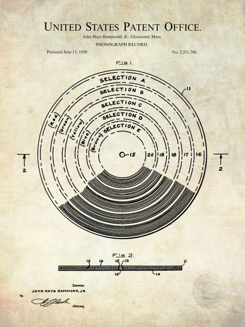 Vintage phonograph record patent illustrations set.