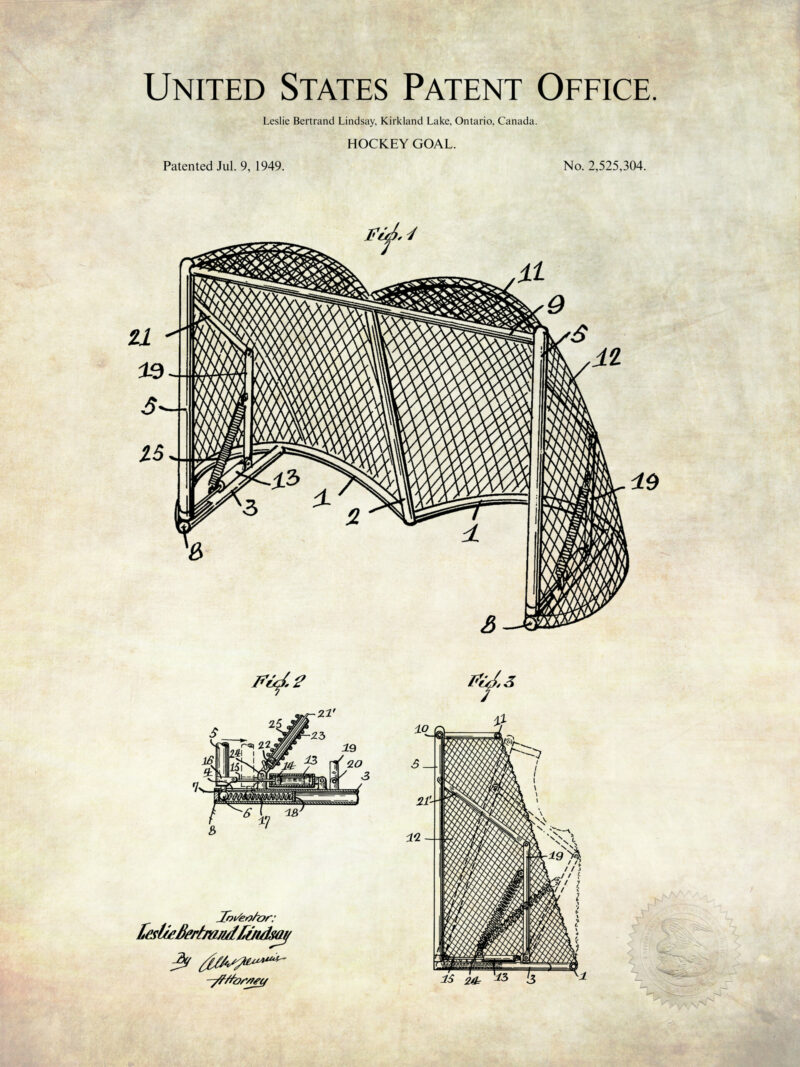 Set of three vintage hockey equipment patent illustrations.