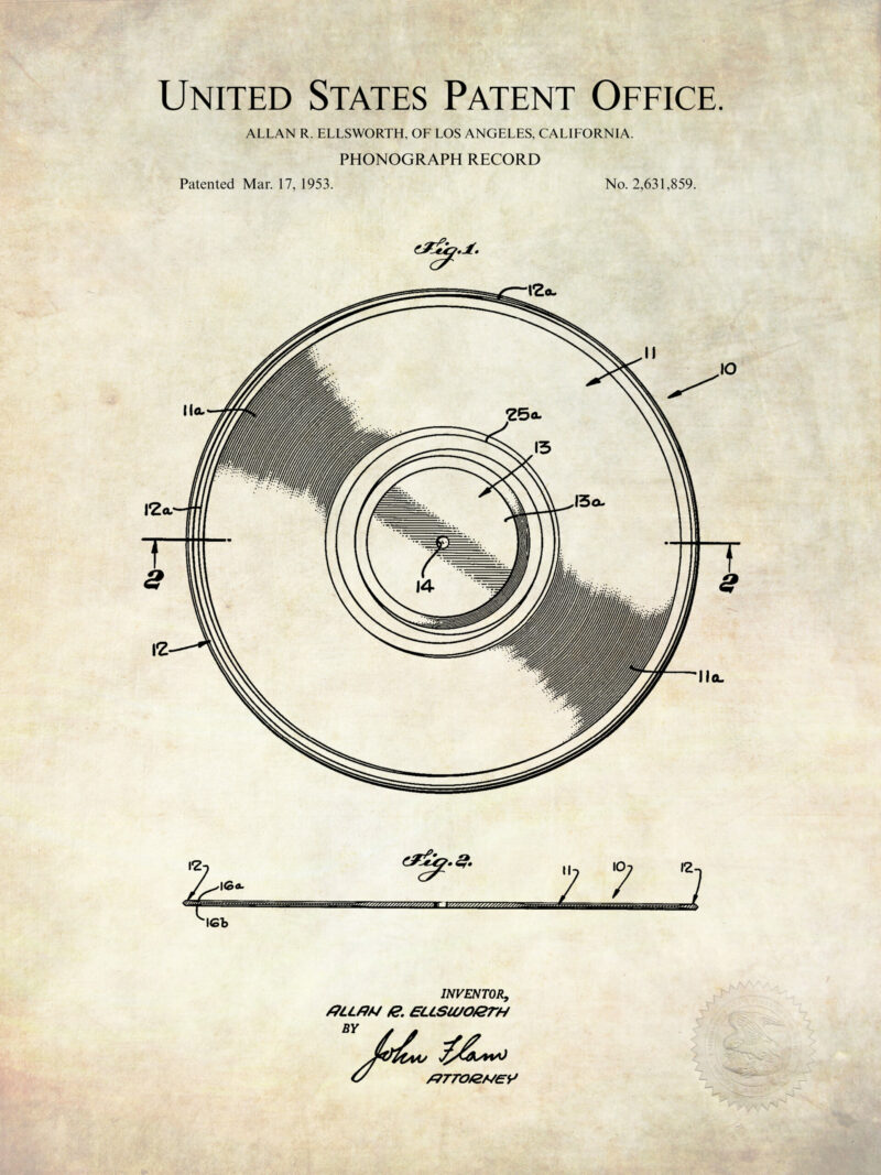 Vintage phonograph record patent illustrations set.