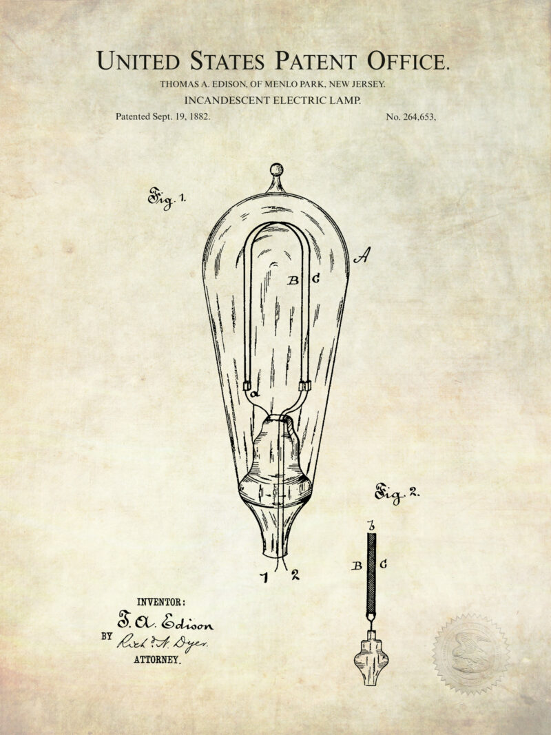Set of three Thomas Edison light invention patent illustrations.