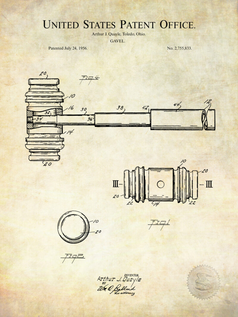 Set of three law-themed patent illustrations, ideal for professional office decor.