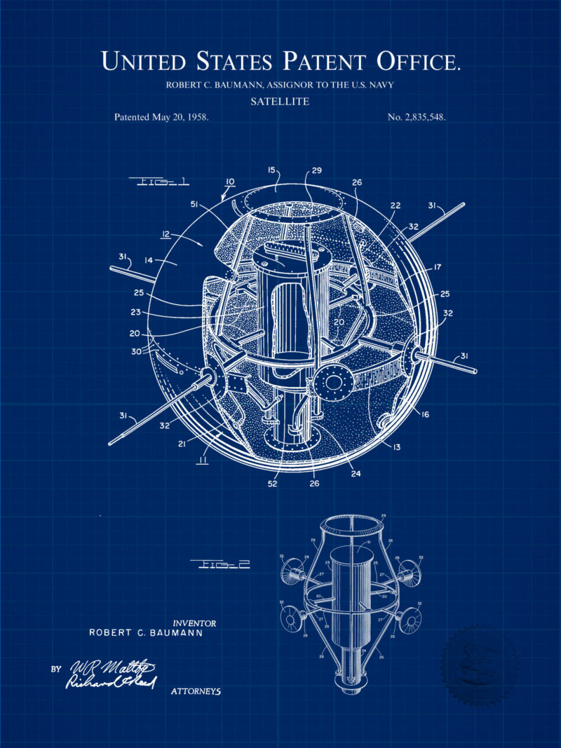 Collection of three vintage space exploration patent prints, featuring designs from 1958, 1965, and 1975.