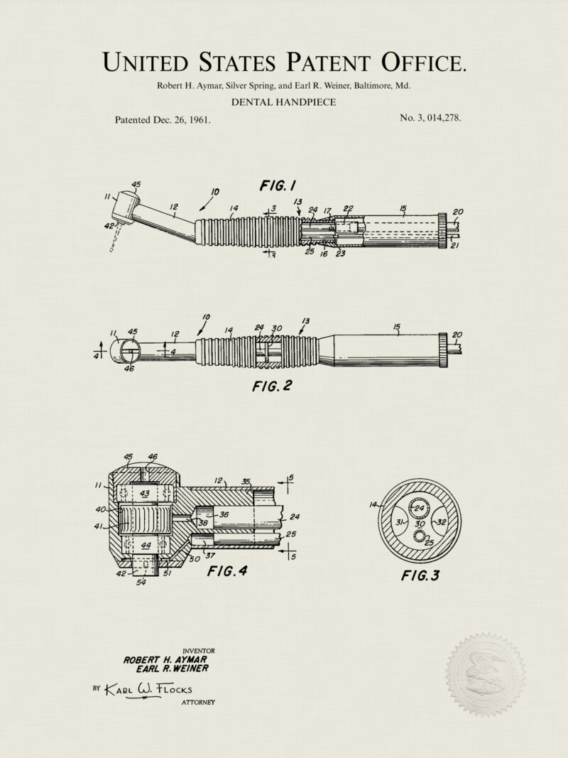 Collection of three vintage dental tool patent illustrations.