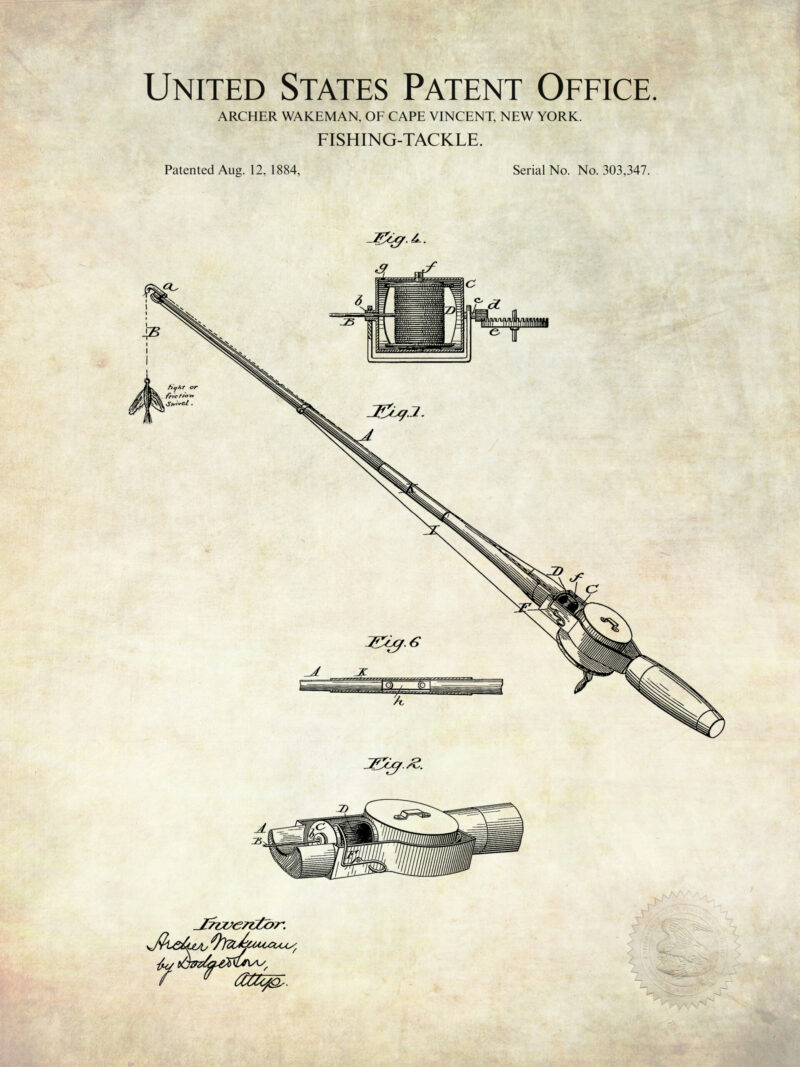 Collection of three vintage fishing patent illustrations.