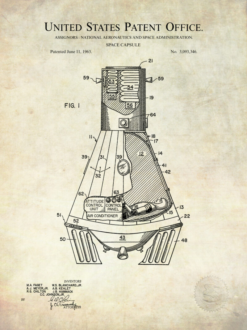 Collection of three NASA patent prints featuring space technology.
