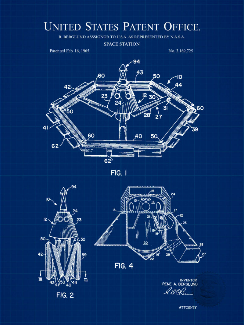 Collection of three vintage space exploration patent prints, featuring designs from 1958, 1965, and 1975.