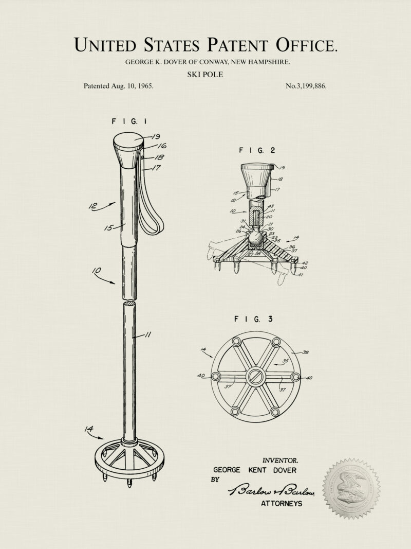 Collection of vintage ski patent prints including ski, ski pole, and ski boot.