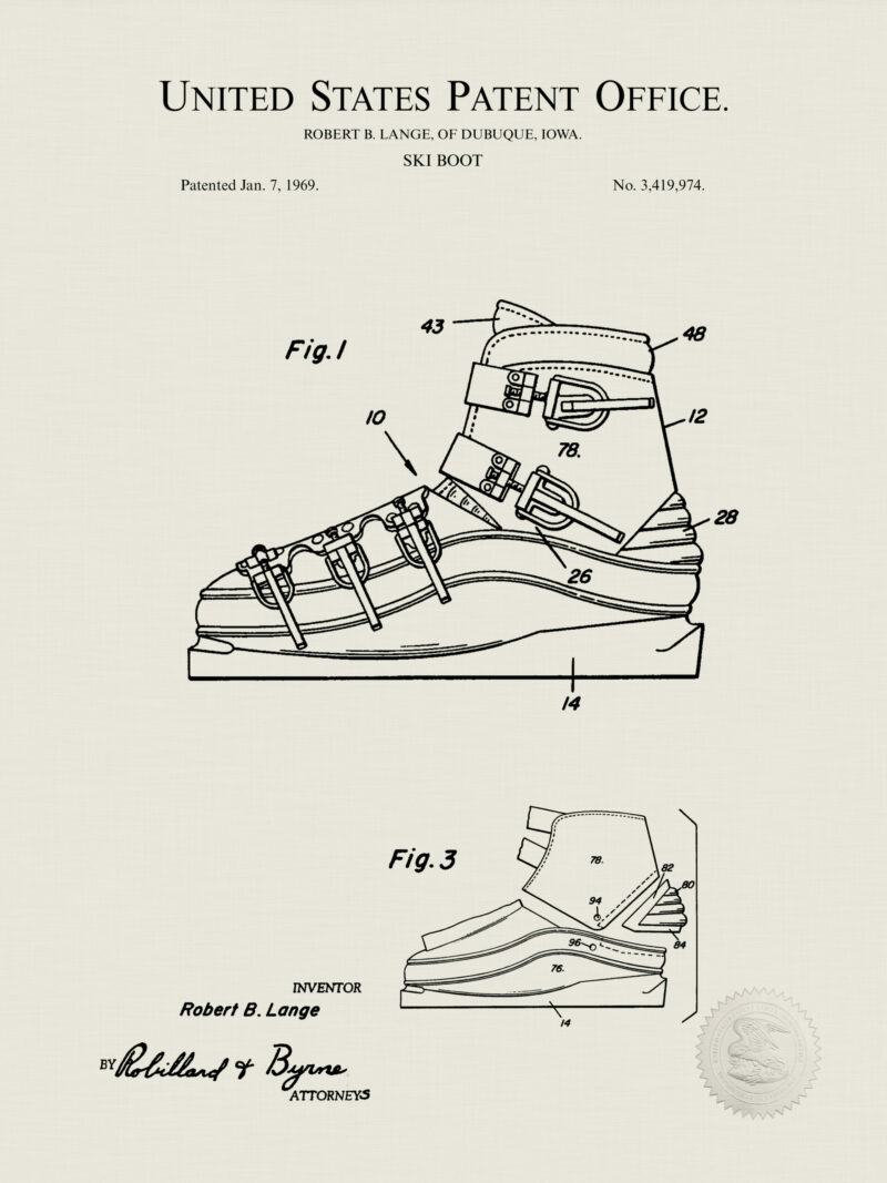 Collection of vintage ski patent prints including ski, ski pole, and ski boot.
