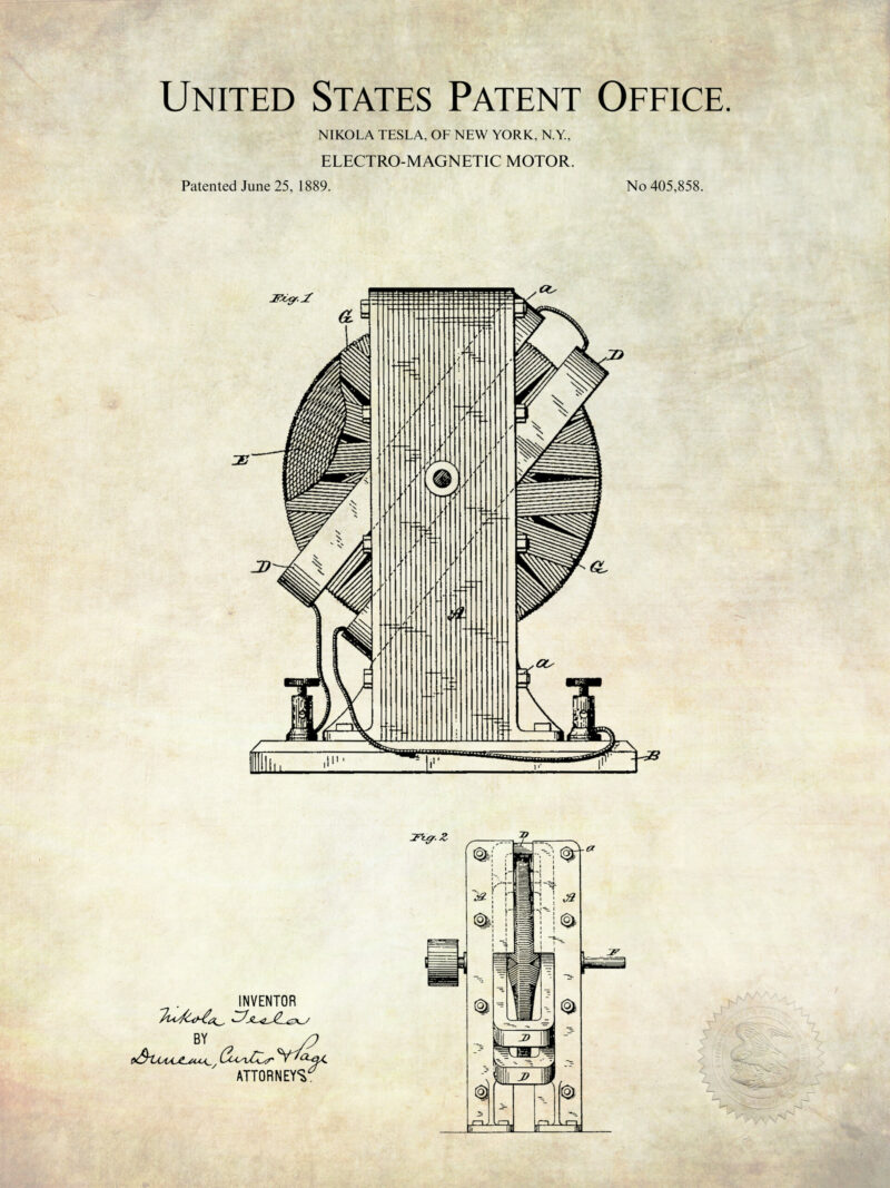 Collection of three Nikola Tesla patent illustrations, featuring engineering and scientific inventions.