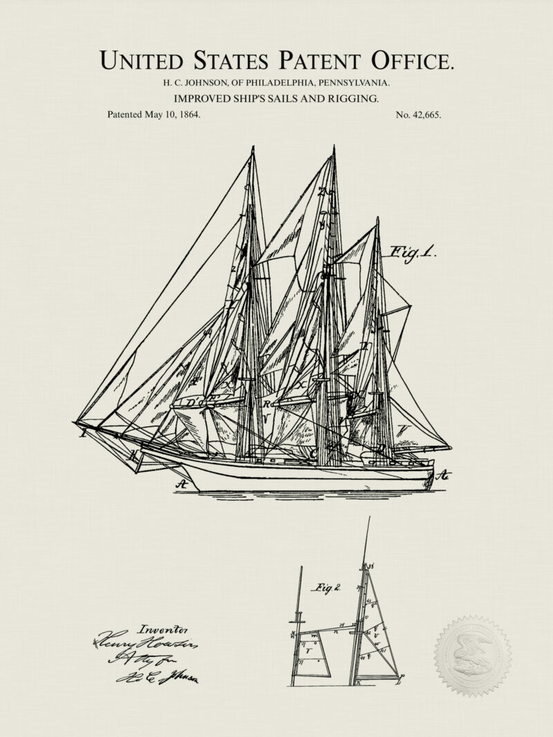 Collection of three vintage sailing ships patents including detailed diagrams of ship's sails, rigging, and sunken vessel locating buoy.