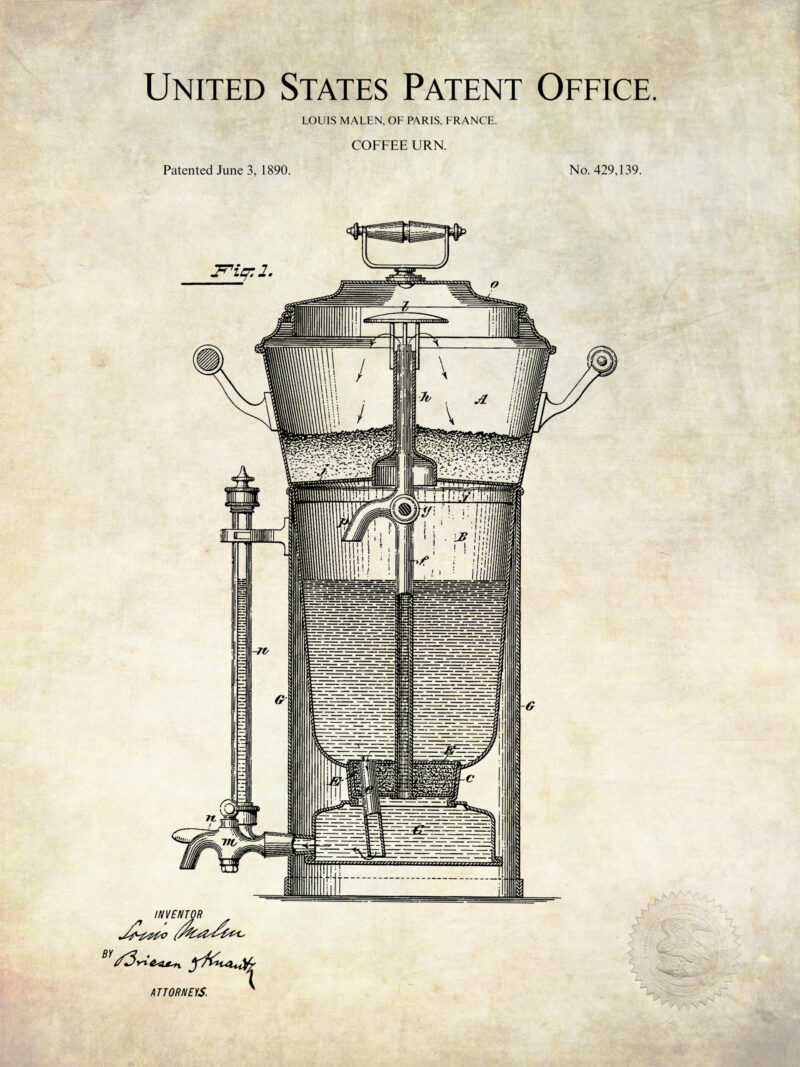 Set of three vintage coffee patent illustrations, including a coffee mill, coffee urn, and coffee roaster.