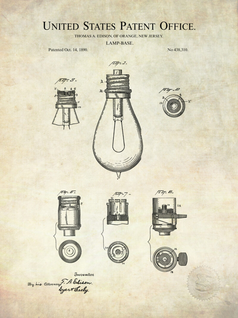Set of three Thomas Edison light invention patent illustrations.