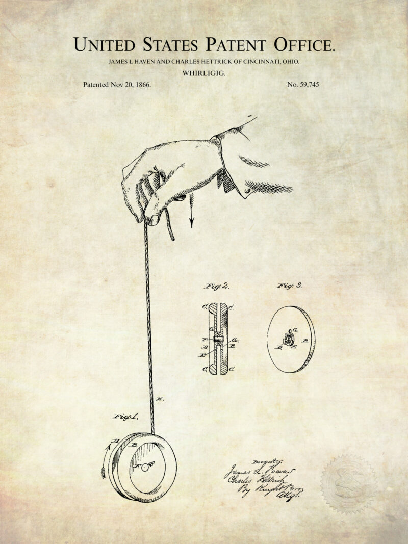 Collection of three vintage toy patent prints including a slinky, frisbee, and yoyo.