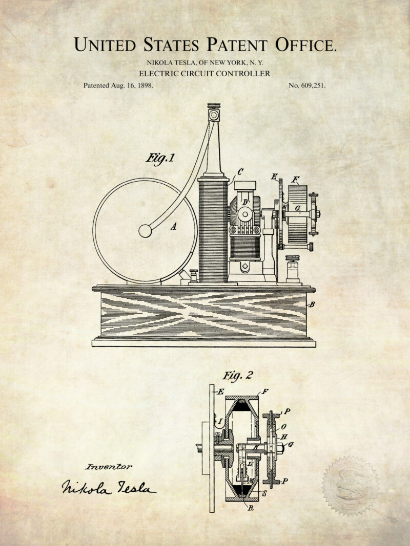 Collection of three Nikola Tesla patent illustrations, featuring engineering and scientific inventions.