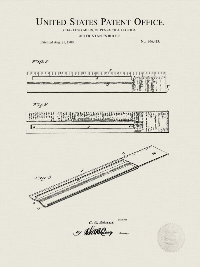 Set of three vintage accountant's tool patent illustrations.