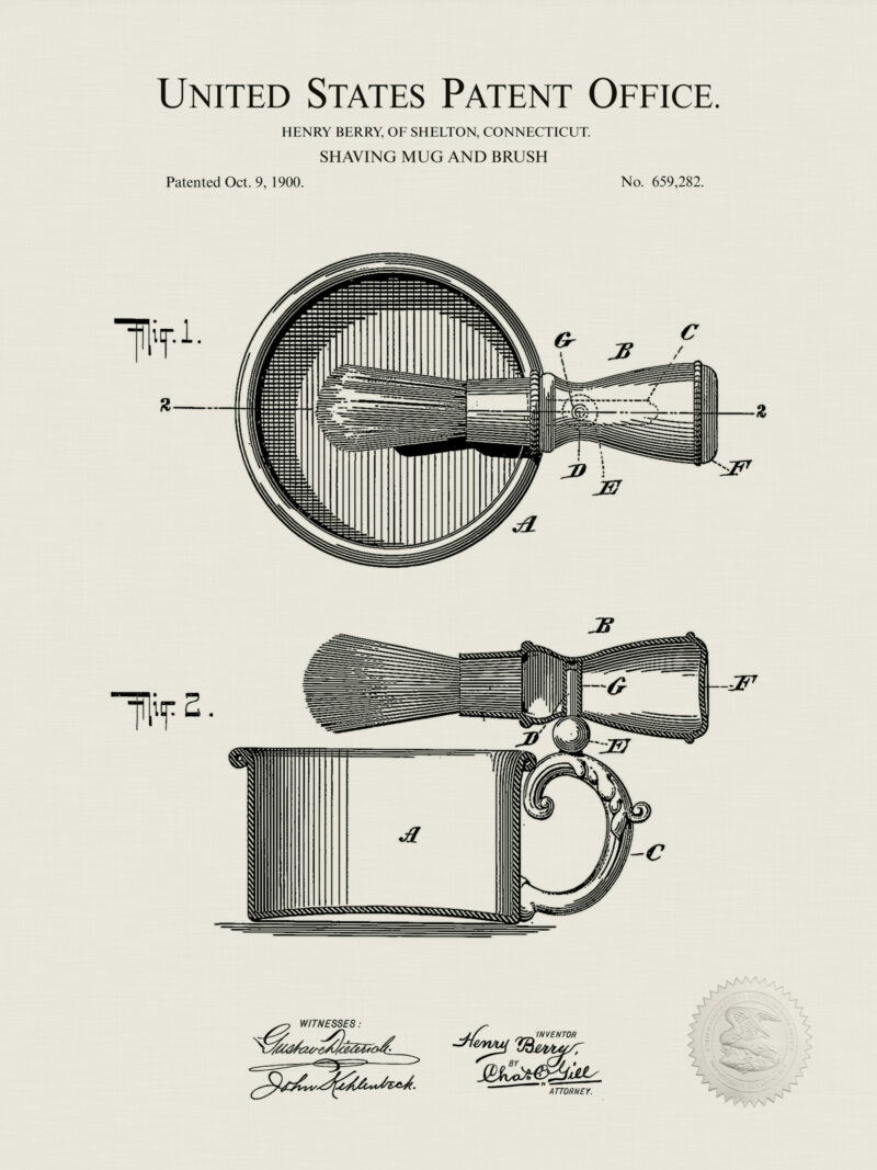 Vintage patent illustration of a barber's shaving mug and brush from 1900.