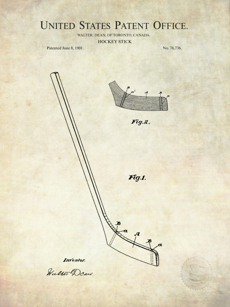 Set of three vintage hockey equipment patent illustrations.