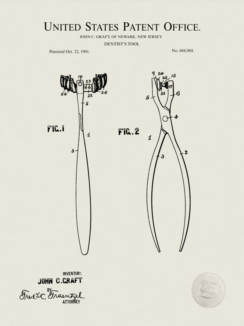Collection of three vintage dental tool patent illustrations.
