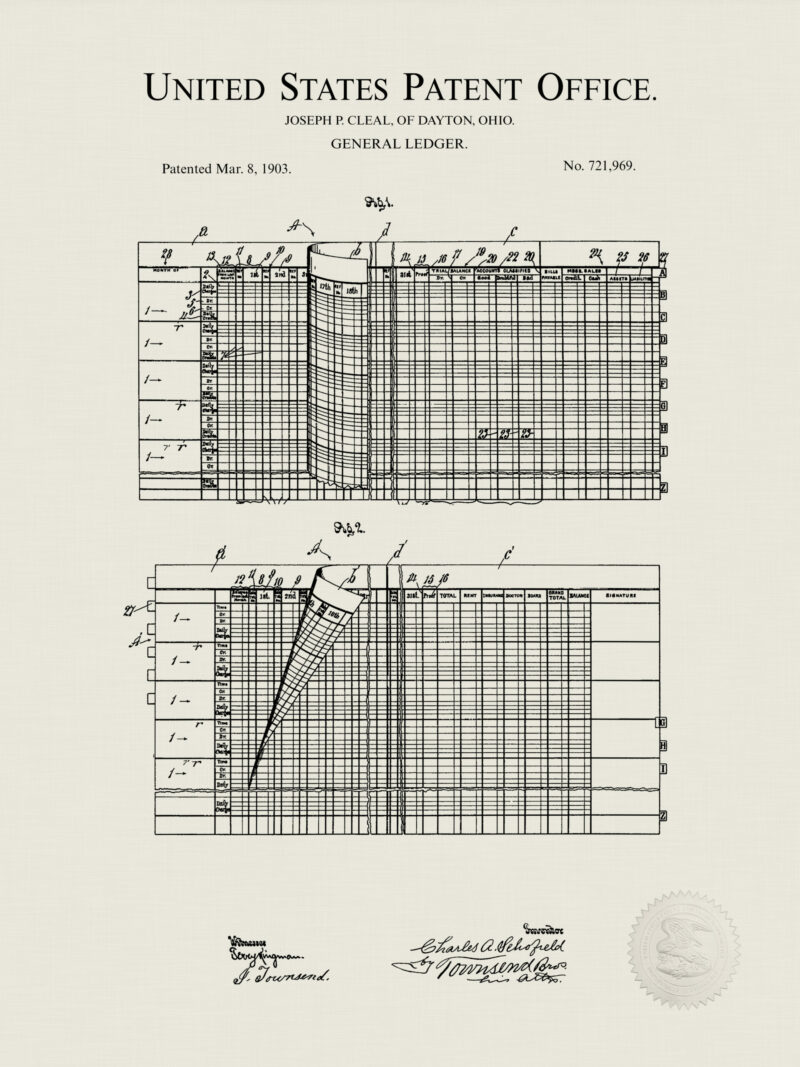 Set of three vintage accountant's tool patent illustrations.