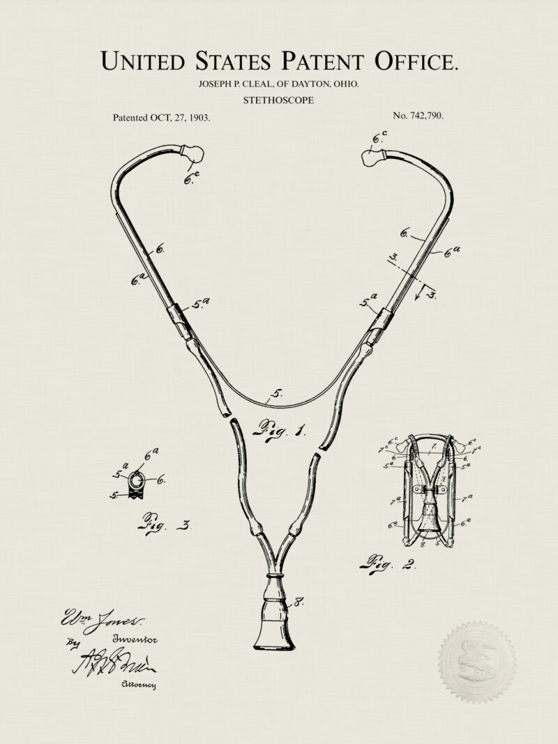 Set of three vintage medical patent illustrations, featuring a stethoscope, blood-pressure apparatus, and percussion-hammer.