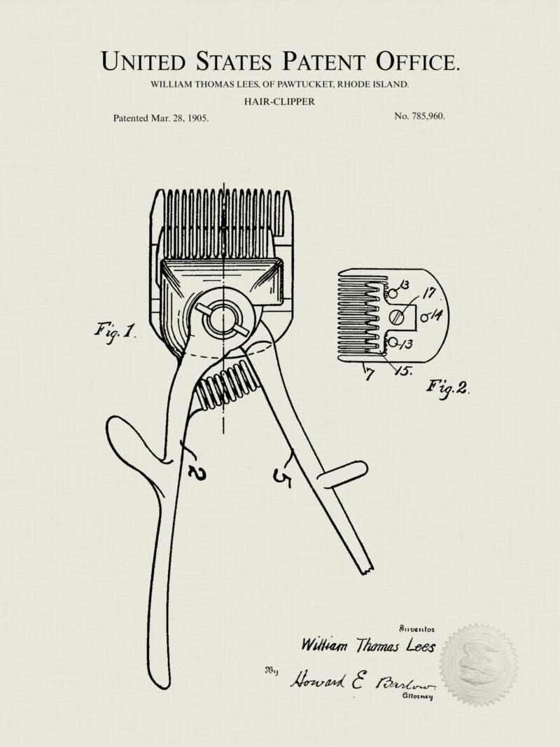 Vintage patent illustration of a barber's shaving mug and brush from 1900.