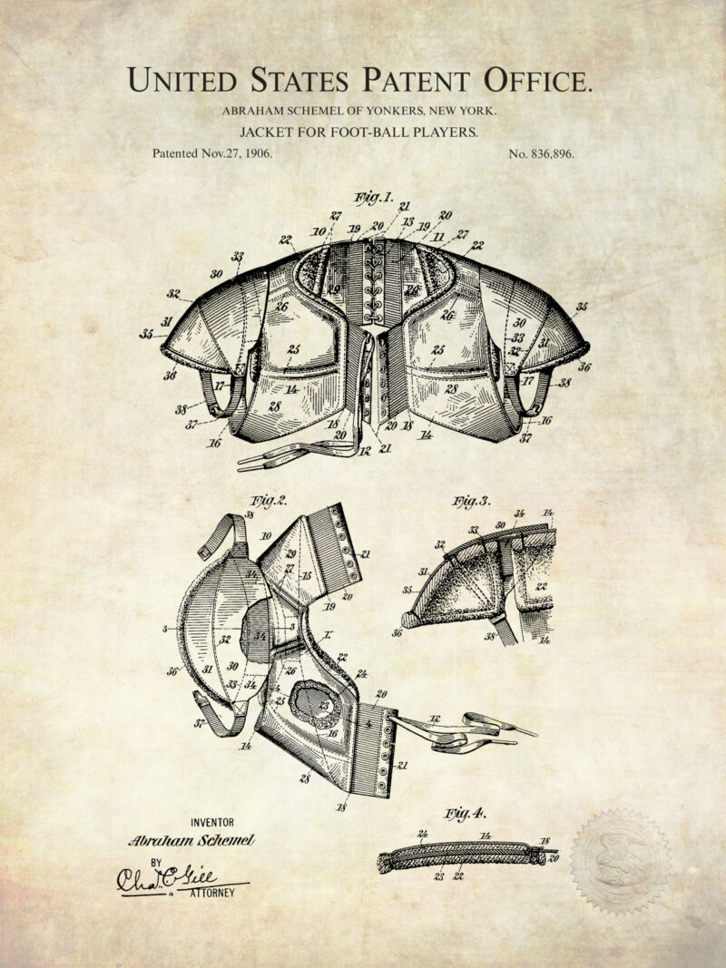 Collection of three vintage football patent prints, including a jacket, helmet, and game ball.