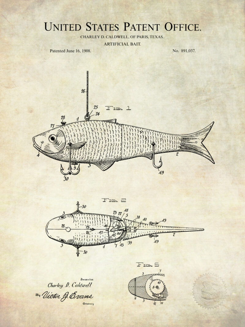 Collection of three vintage fishing patent illustrations.