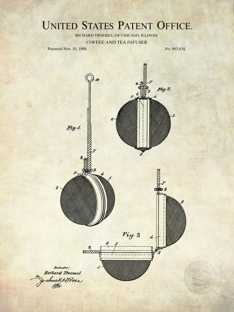 Vintage tea-related patent prints featuring designs of a teapot, tea cup, and tea infuser from the late 19th and early 20th centuries.