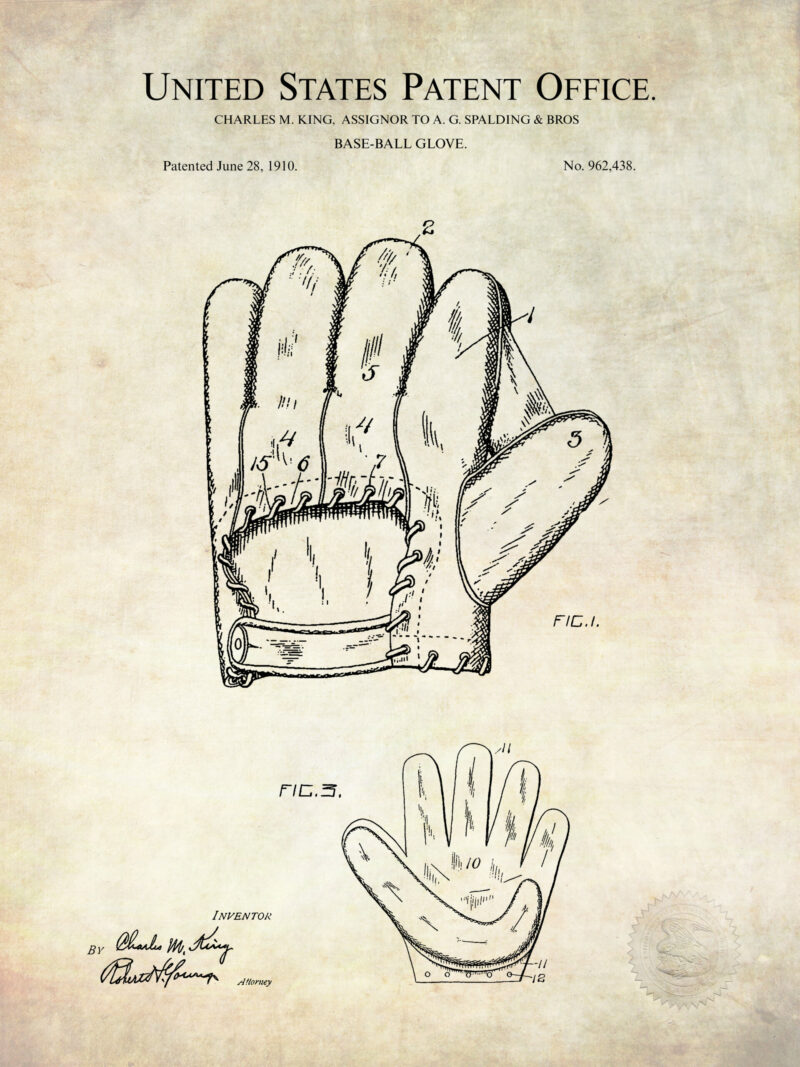 Vintage Baseball Patent Art featuring Glove, Ball, and Bat