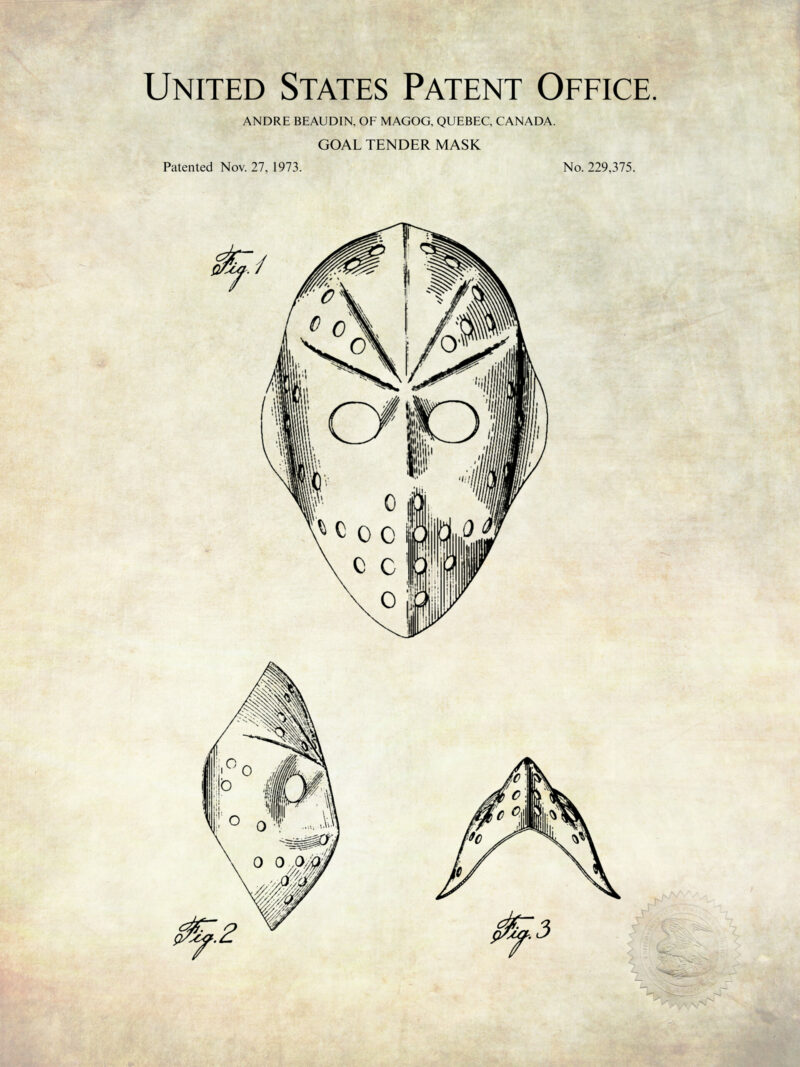 Set of three vintage hockey goalie equipment patent illustrations.