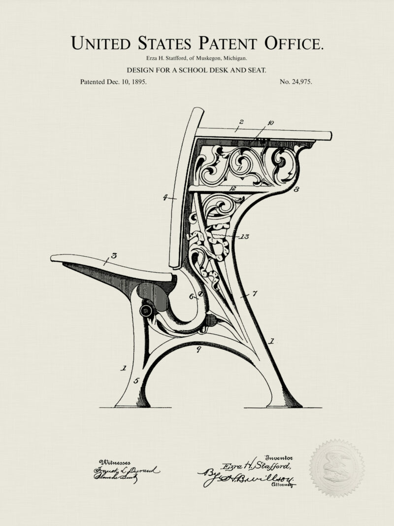 Collection of three vintage school-related patent illustrations.