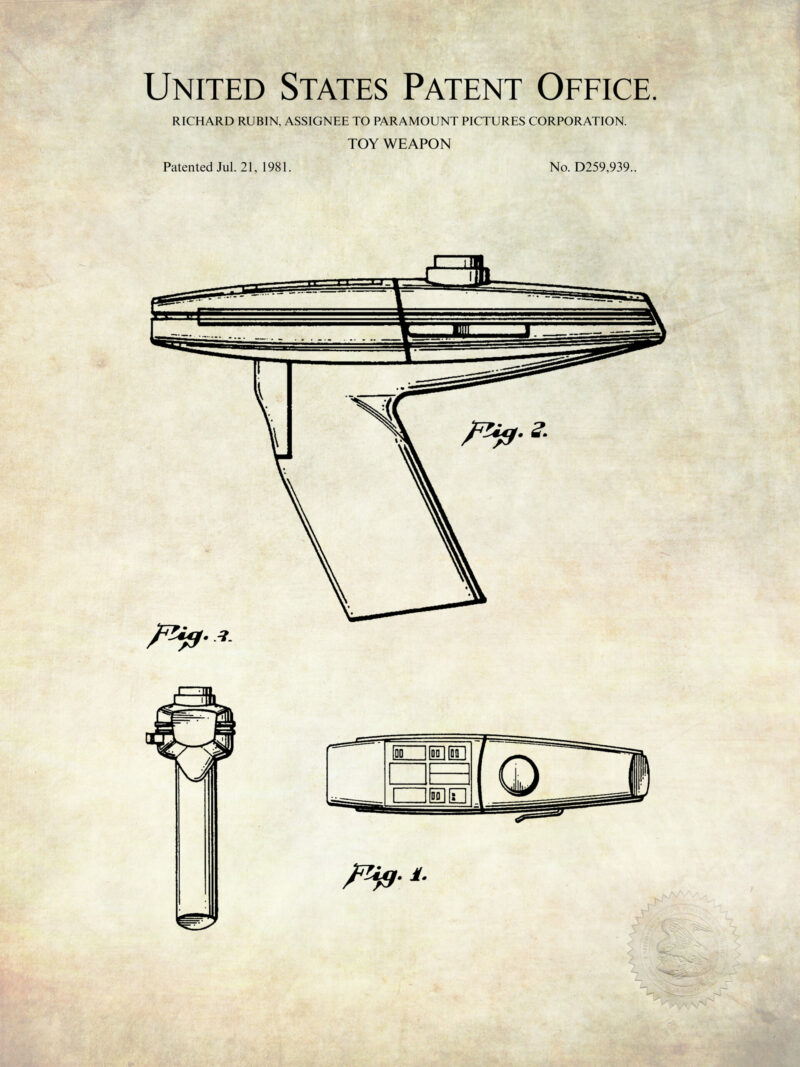 Set of three Star Trek patent prints from Paramount Pictures featuring a toy weapon, spaceship, and jewelry pin.