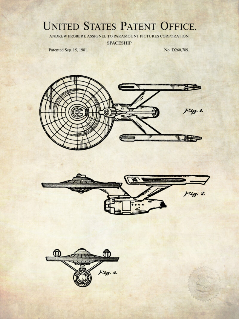 Set of three Star Trek patent prints from Paramount Pictures featuring a toy weapon, spaceship, and jewelry pin.