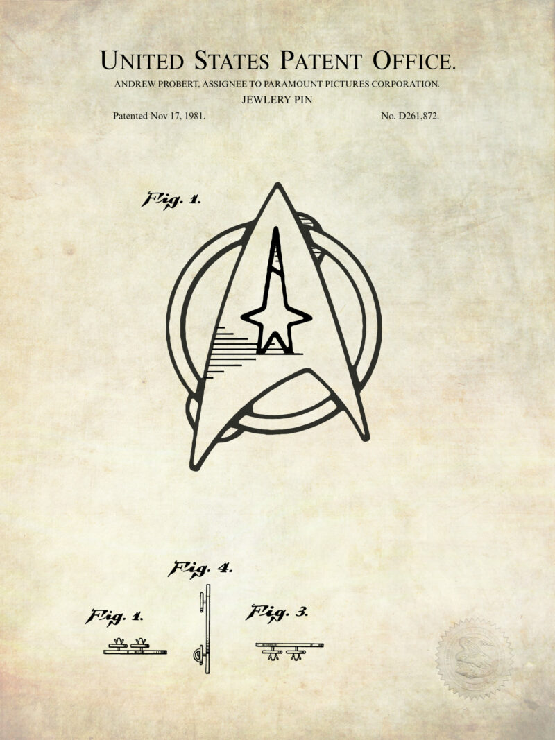 Set of three Star Trek patent prints from Paramount Pictures featuring a toy weapon, spaceship, and jewelry pin.