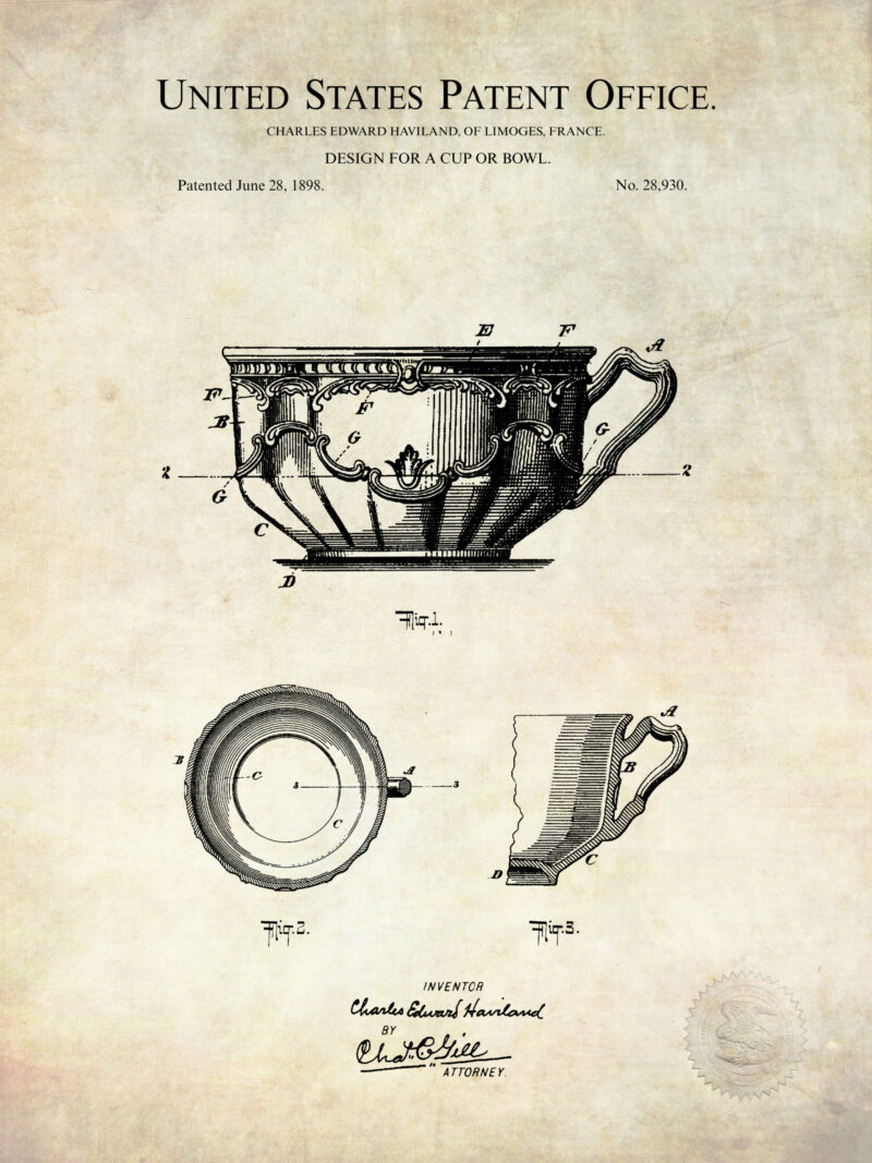 Vintage tea-related patent prints featuring designs of a teapot, tea cup, and tea infuser from the late 19th and early 20th centuries.
