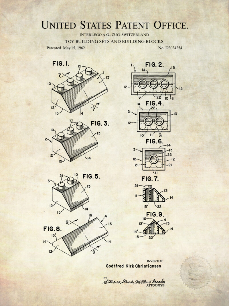 Collection of three vintage building blocks patent illustrations.
