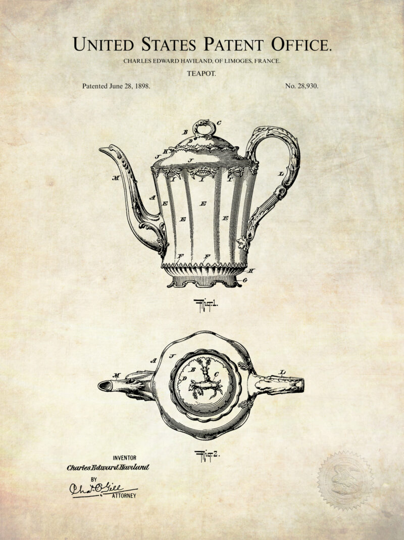 Vintage tea-related patent prints featuring designs of a teapot, tea cup, and tea infuser from the late 19th and early 20th centuries.
