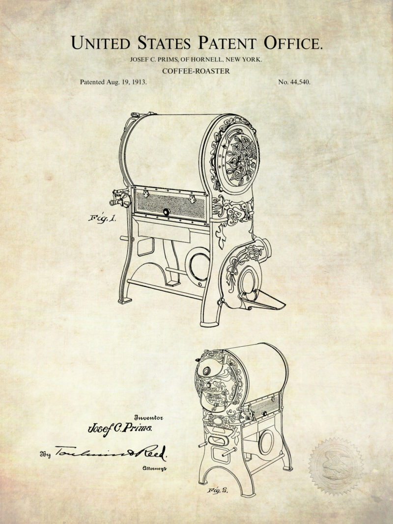 Set of three vintage coffee patent illustrations, including a coffee mill, coffee urn, and coffee roaster.