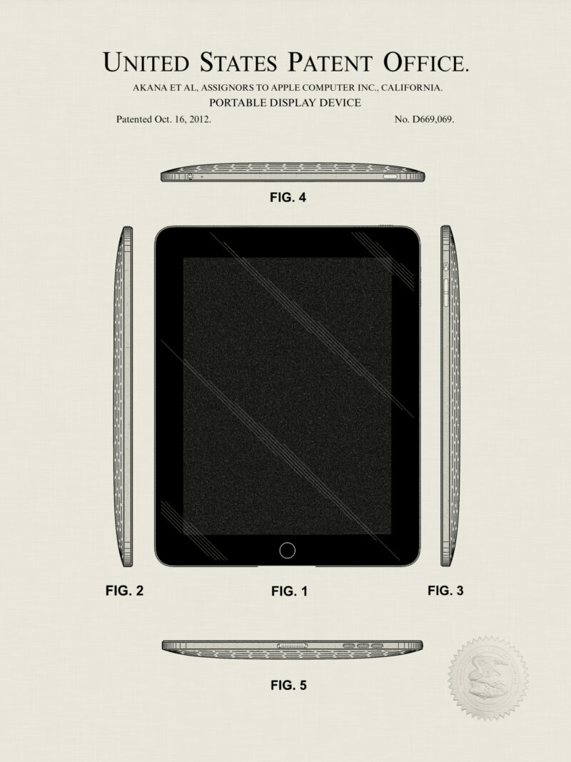 Set of three Apple patent illustrations for iPhone, iPad, and Apple Watch