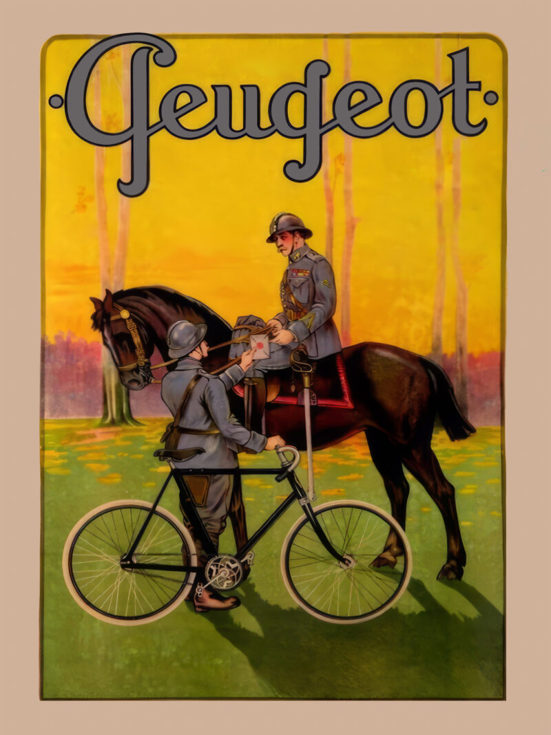 1908 Peugeot Bicycle Advertising Poster with Military Messenger