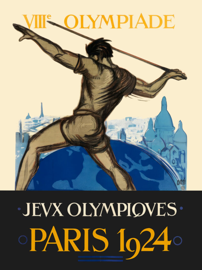 Vintage 1924 Paris Olympics poster featuring a javelin thrower with Paris skyline