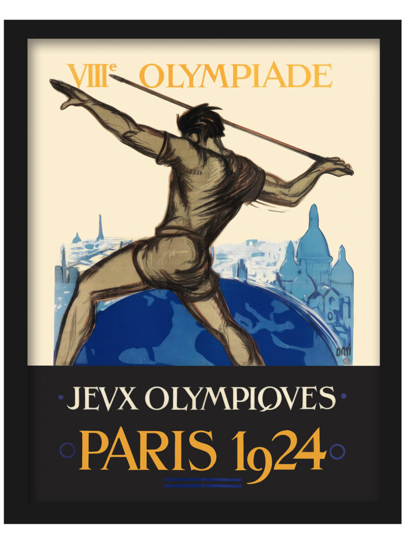 Vintage 1924 Paris Olympics poster featuring a javelin thrower with Paris skyline