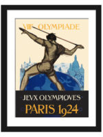 Vintage 1924 Paris Olympics poster featuring a javelin thrower with Paris skyline